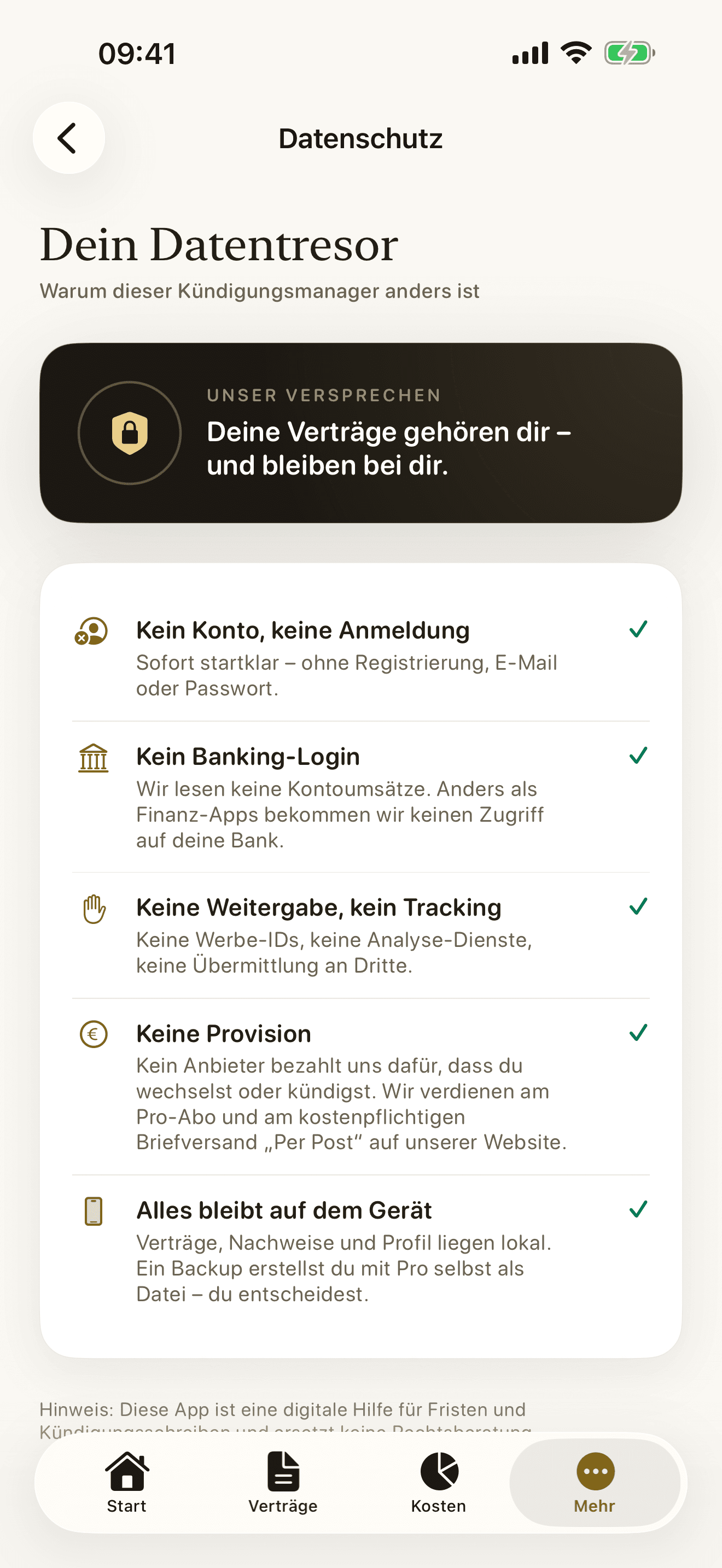 Datentresor: kein Konto, kein Banking-Login, keine Weitergabe, alles lokal