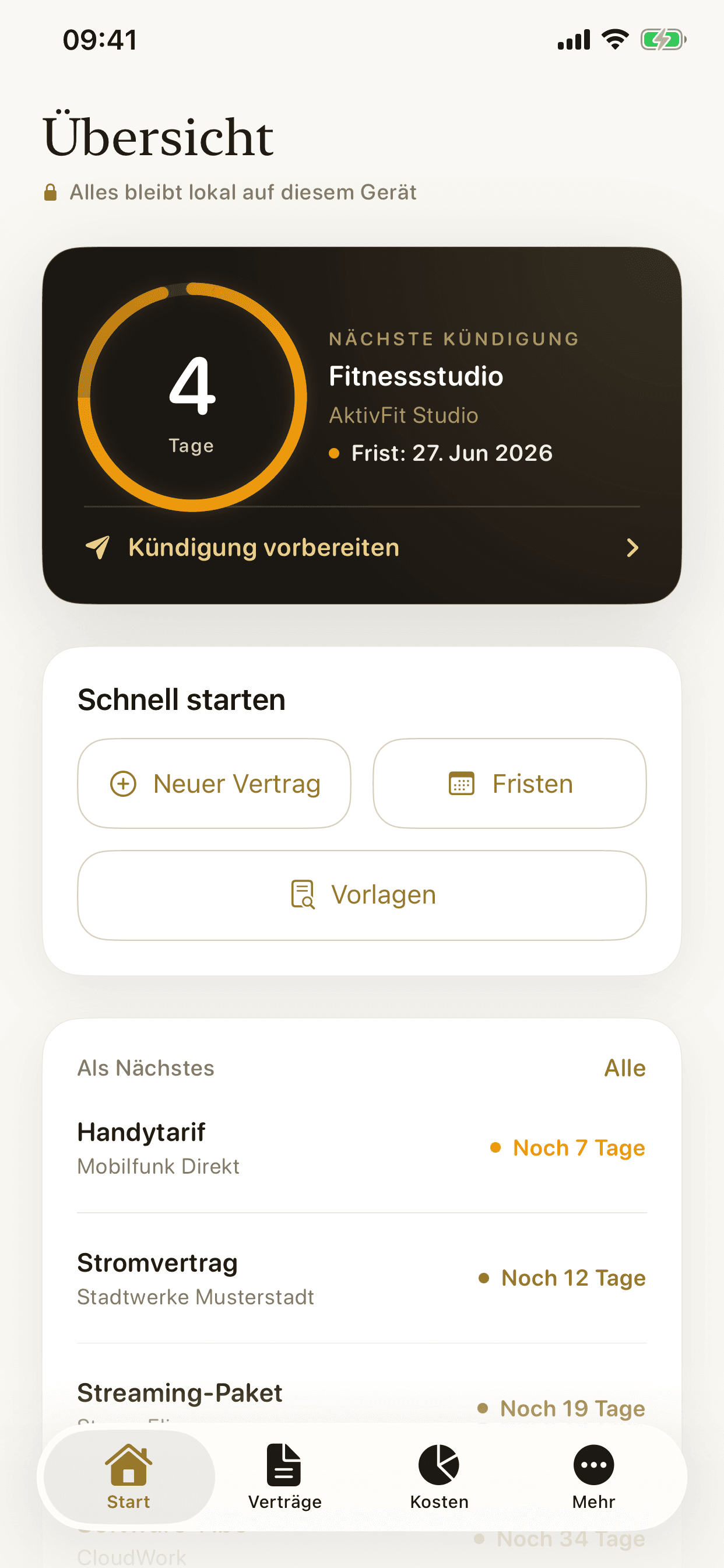 Start-Cockpit mit Countdown zur nächsten Kündigungsfrist