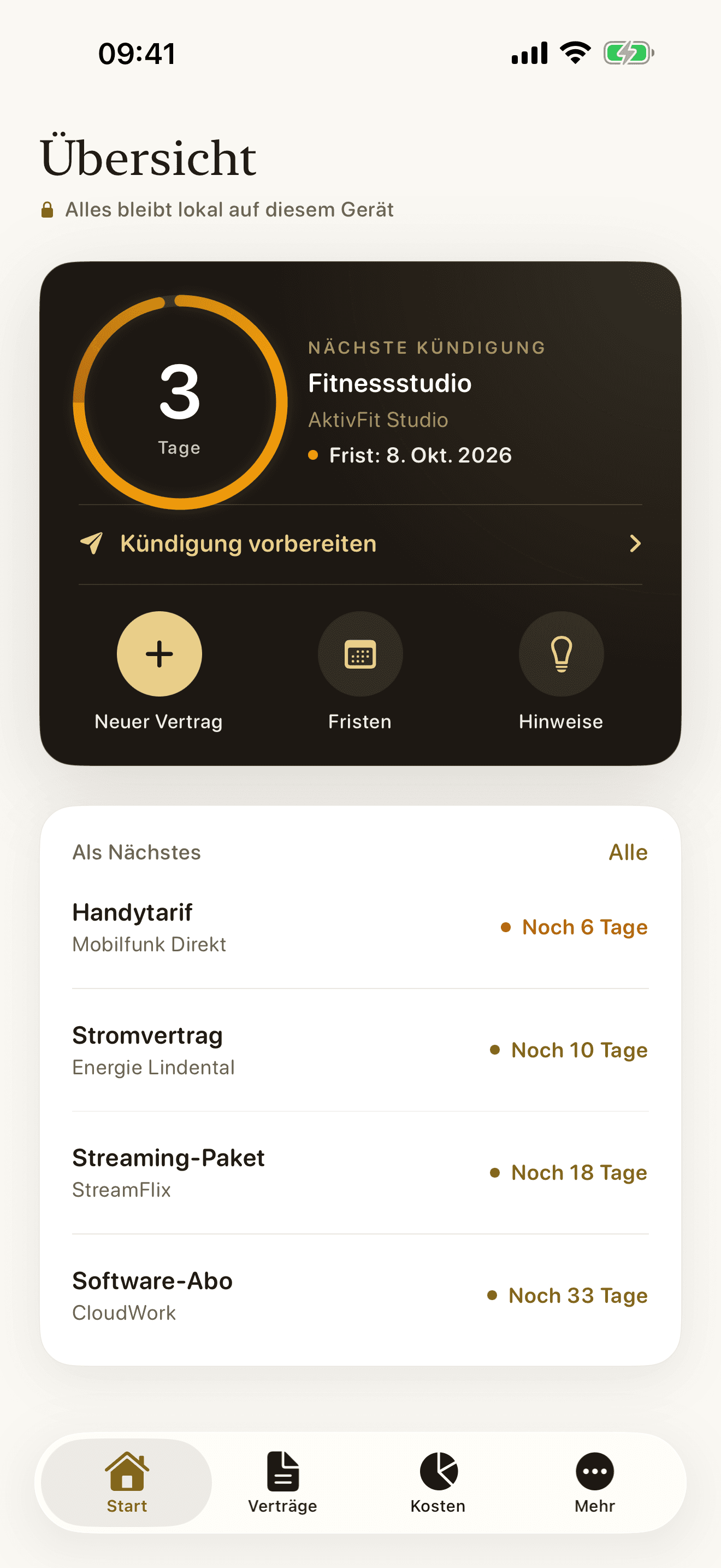 Übersicht mit Countdown zur nächsten Kündigung und „Kündigung vorbereiten“