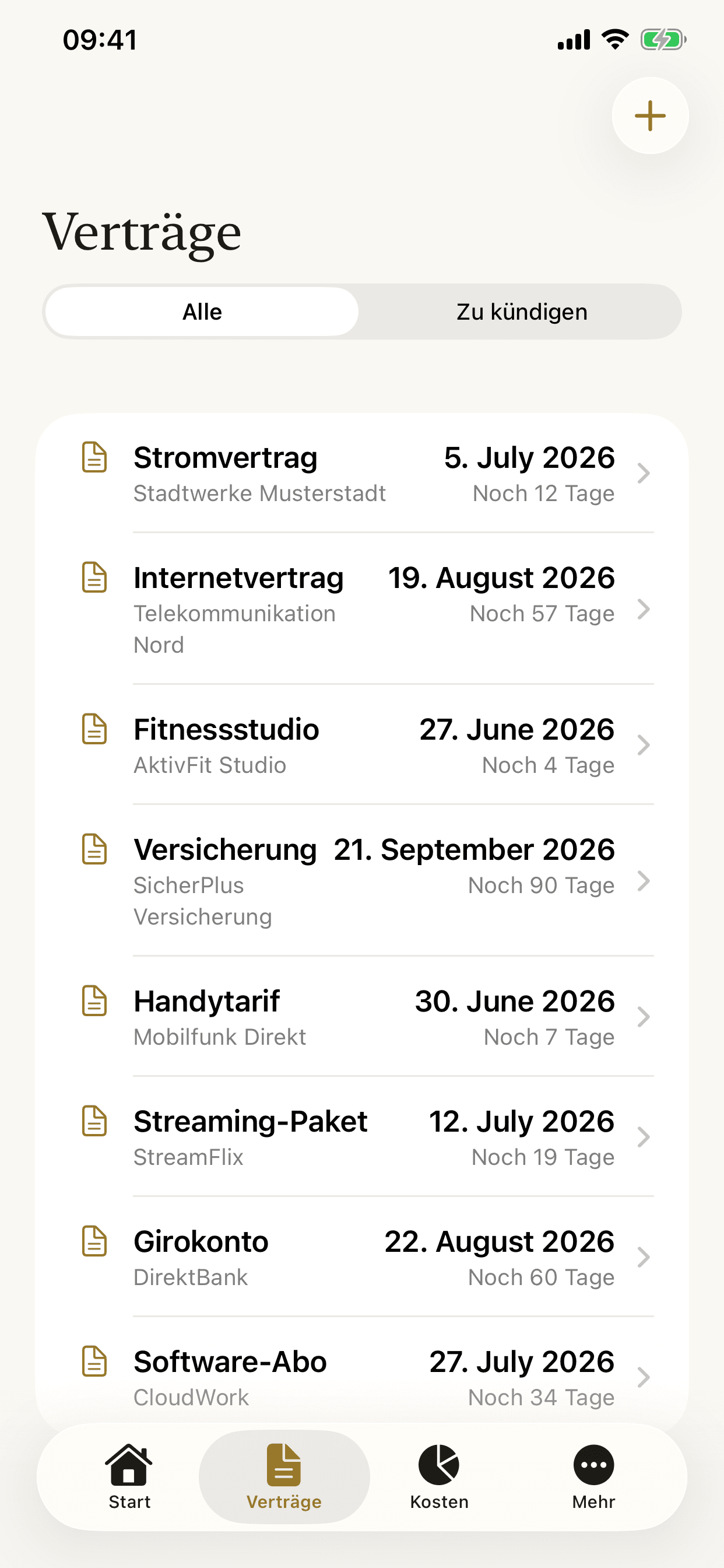 Vertragsliste mit Restlaufzeit und Filter „Zu kündigen“