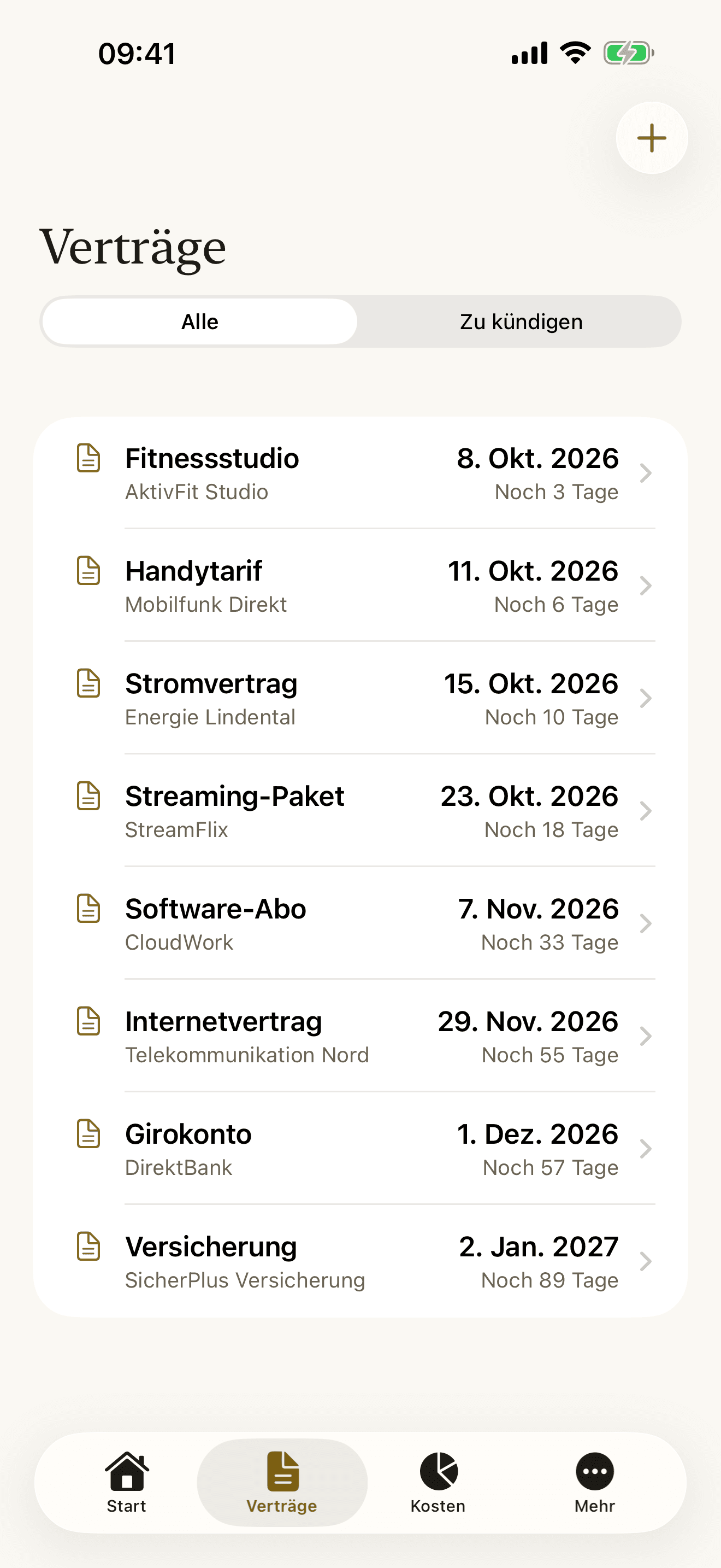 Vertragsliste mit Frist und Restzeit, Filter „Zu kündigen“
