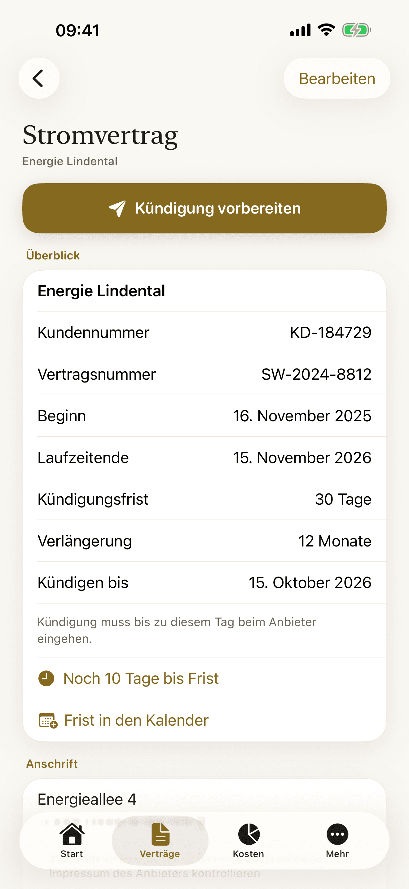 Vertragsdetail mit Laufzeitende, Kündigungsfrist und „Kündigen bis“